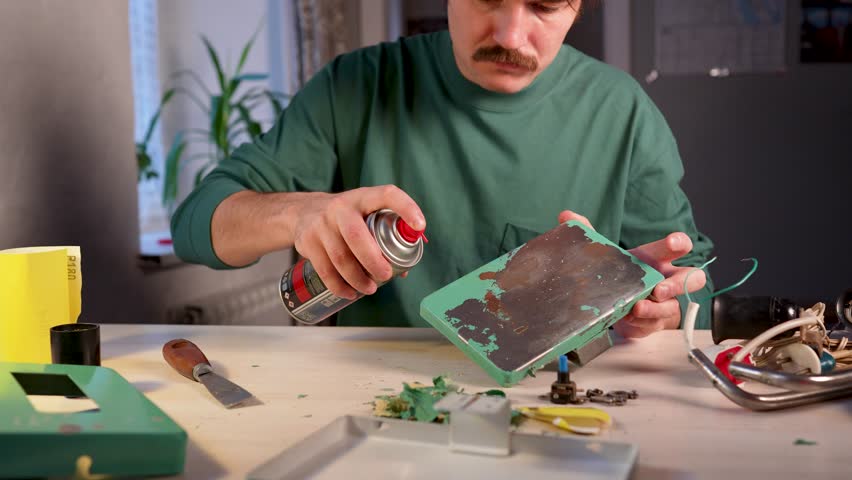 Man renovation master works at home workshop, renewing part of vintage lamp, applying paint stripper from spray on metallic base surface to remove old paint. Creative working process and restoration.