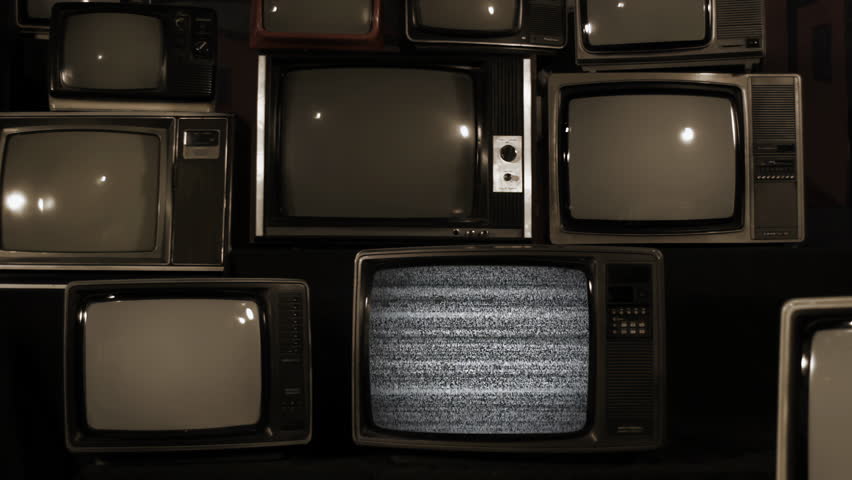 Vintage CRT TV Wall, With Single Screen Turning On to Green Chroma Key, Sepia Tone, Close Up - Zoom In - 4K