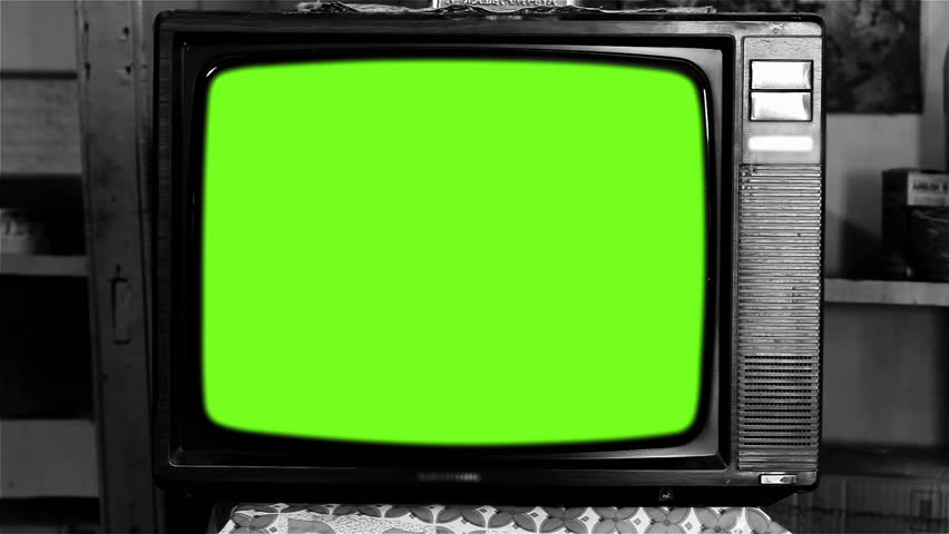 CRT Television With Green Screen in Monochrome Room, Zoom In - 4K