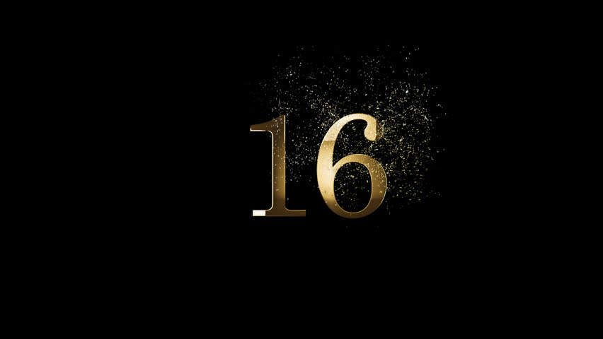 Golden number 16 with gold particles, alpha channel, golden numerology, golden number sixteen, gold numbers and numerology