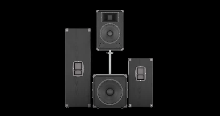 Professional PA speaker system rotation animation seamlessly loopable. 3D rendering isolated on transparent background 