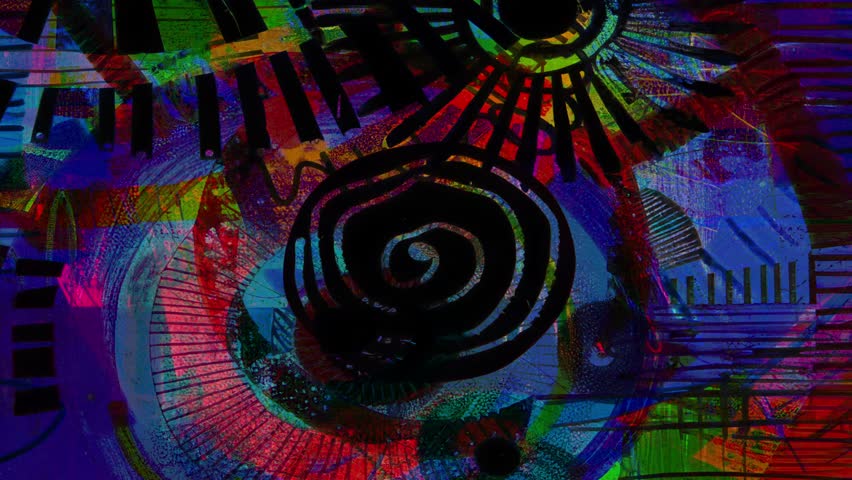 Dark hand drawn glitch paint strokes, layered grunge textures, radial forms, digital brush marks, abstract psychedelic art background in blue green and red, deep shadows and circular composition