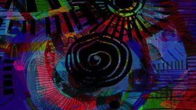 Dark hand drawn glitch paint strokes, layered grunge textures, radial forms, digital brush marks, abstract psychedelic art background in blue green and red, deep shadows and circular composition - Powered by Shutterstock - Get 15% off with code: PIKWIZARD15