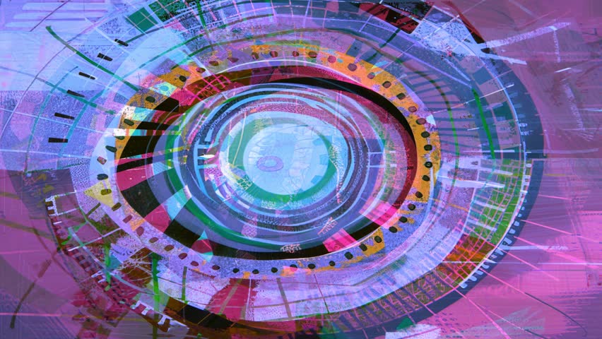 Abstract surreal hand drawn circular glitch background with purple and orange hues, radial scan grunge textures, distorted sketchy rings, layered analog psychedelic effects