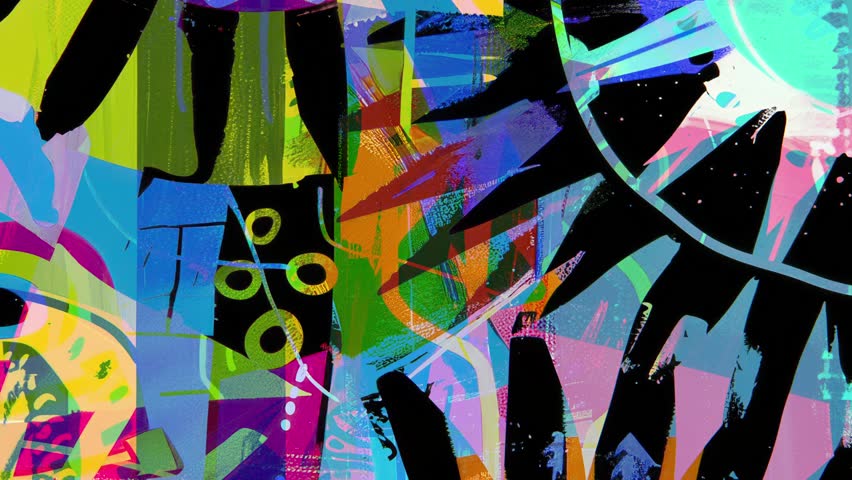 Dark geometric circular abstraction background with sharp colored shards, radial hand painted glitch patterns, cyan and magenta overlays, sharp noise watercolor and paint textures