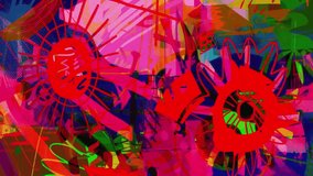 Chaotic neon psychedelic expressive art background, layered brush shapes, graffiti elements, electric red and purple palette, glitch fragments, kinetic 2D grunge cartoon animation - Powered by Shutterstock - Get 15% off with code: PIKWIZARD15