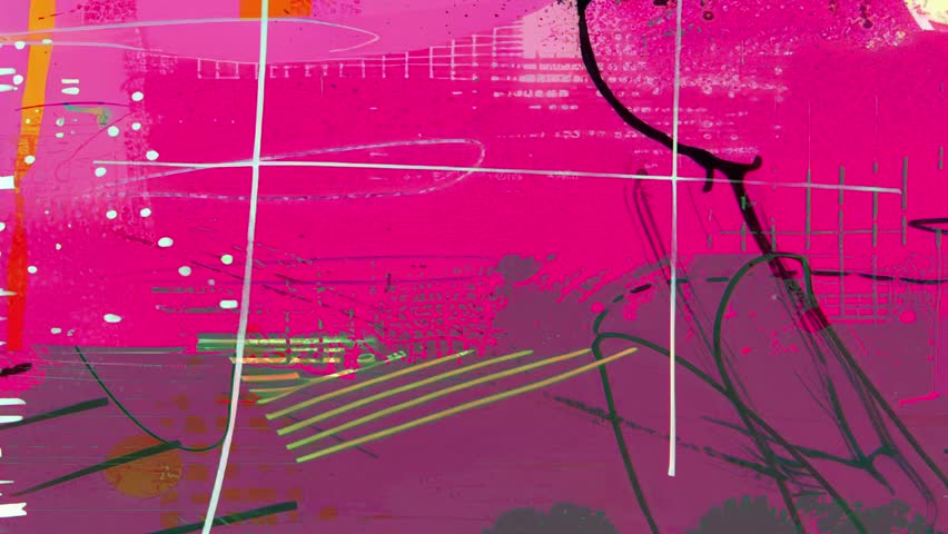 Magenta and green hand drawn glitch art pattern, aggressive lines, abstract brush strokes, layered paint, textured distortion, horizontal scanlines, dark grunge feel
