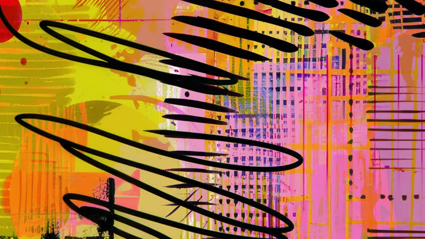 Pink hand drawn abstract pattern, layered brush strokes, grunge textures, transparent grids, curved black lines, digital paint splashes, orange and yellow accents