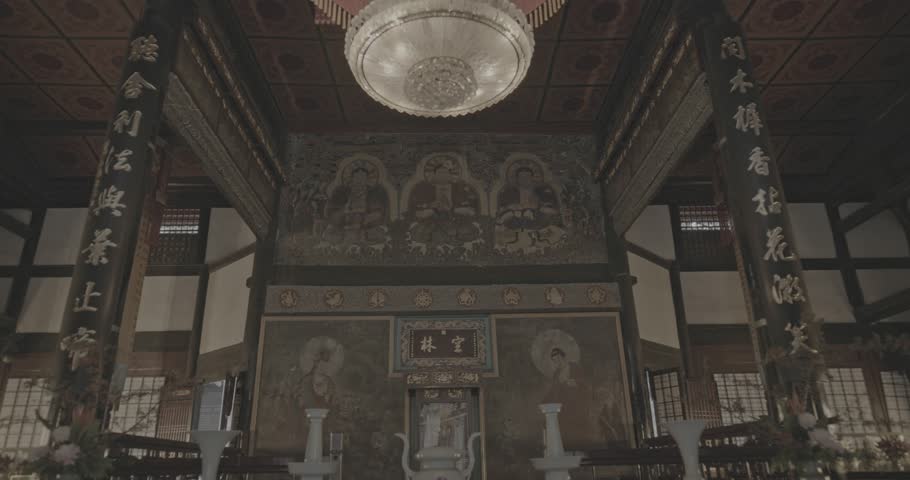 Chengdu, Sichuan, China. Ungraded C LOG 2, Wenshu Monastery Buddhist Temple. Interior Of Hall Of Three Sages Of West Enshrining Statues Of Three Sages Of West Namely Guanyin, Mahasthamaprapta