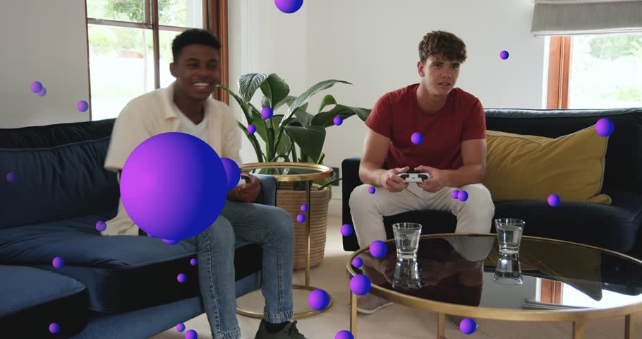 Two friends gaming on sofa, button driving left player escalating, purple AR spheres overlaying. Duo, couch, console, controllers, multiplayer, competitive, animated