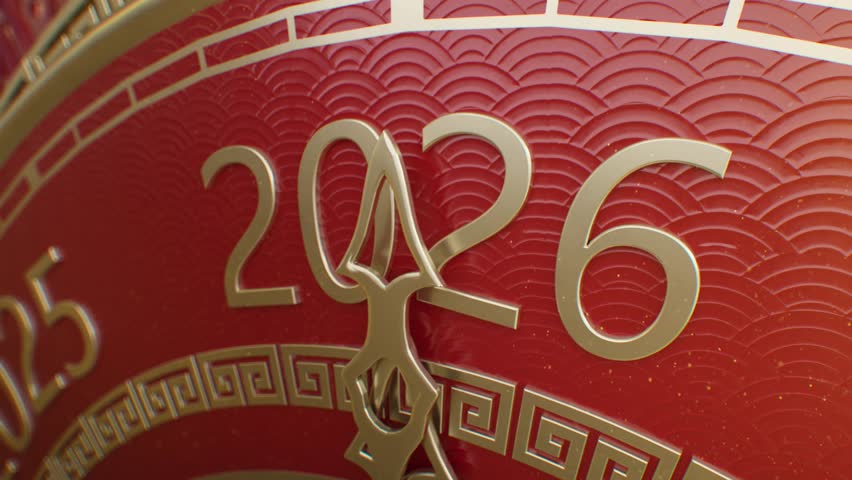 2026 Lunar New Year.Happy chinese new year. The clock strikes 2026,Year of the Horse, fireworks, Red lanterns, colorful lights, joyful atmosphere. Perfect for holiday greetings, party invitation. 3D.