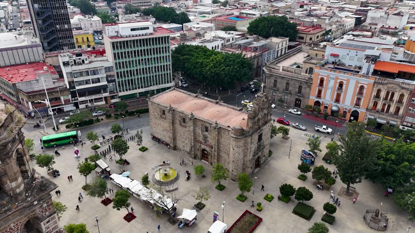 Aerial Drone View of a Temple and Plaza in Guadalajara, Mexico