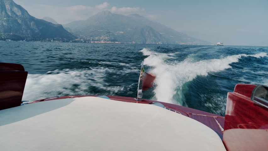 4K view on a luxury wooden speedboat’s elegant interior at Lake Como, Italy (Lago di Como, Italia) 