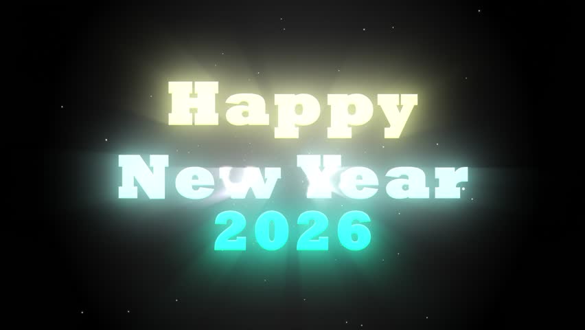2026 New Year Countdown with particle rays, numbers. Colorful light halo as the countdown from 10 to 0 is accompanied by Happy New Year wishes. Perfect for a party video counting down to midnight.