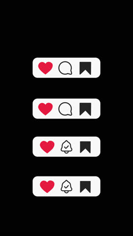 Vertical Reel Engagement Buttons Pack - 4 Animated UI Icons Sets - Like, Comment, Bell, Save | 4K Transparent Background