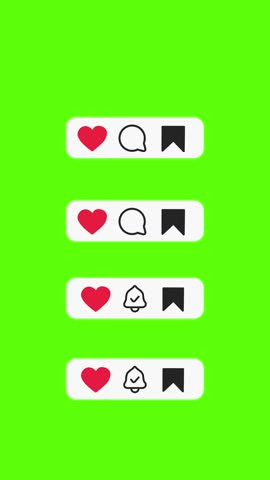 Vertical Reel Engagement Buttons Pack - 4 Animated UI Icons Sets - Like, Comment, Bell, Save | 4K green screen