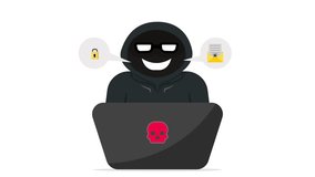 4K animation for hacker in black hood or cyber attack at laptop. Process unlock of padlock to stealing personal data and spamming bug email. Internet phishing. Hackers attack - Powered by Shutterstock - Get 15% off with code: PIKWIZARD15
