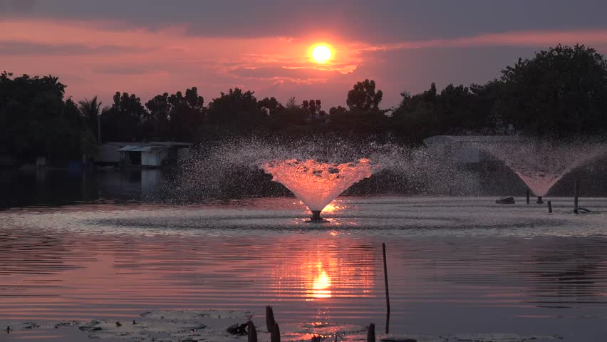 A sunset over a tranquil lake, with the sunlight shining through a water fountain.