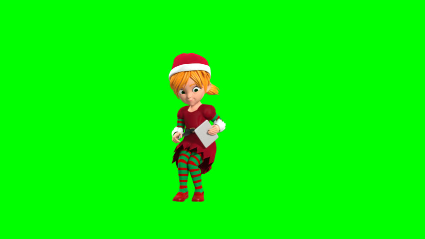 3D green screen elf sitting and swiping tablet, perfect for digital assets, presentations, UI demos, and creative editing needs