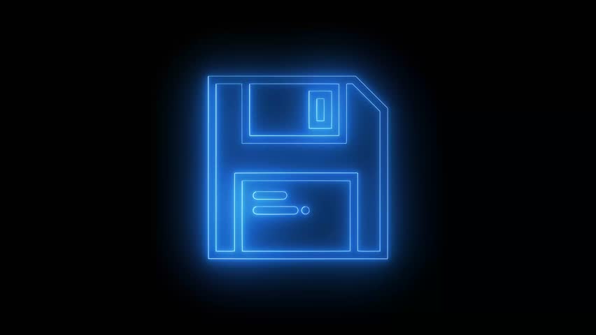 A bright blue neon outline of a floppy disk against a stark black backdrop, creating a modern and tech-inspired visual.