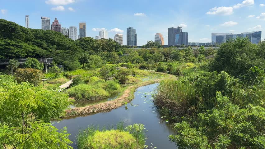Bangkok Skyscrapers Skyline View from Benchakitti Park – City Buildings Behind Lake and Green Nature, Central Bangkok Thailand, Southeast Asia Urban Landscape Video