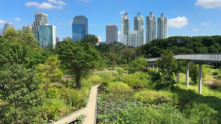 Bangkok Skyscrapers Skyline View from Benchakitti Park – City Buildings Behind Lake and Green Nature, Central Bangkok Thailand, Southeast Asia Urban Landscape Video