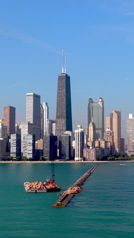 Vertical drone shot around the Lake Michigan Breakwall, golden hour in Chicago