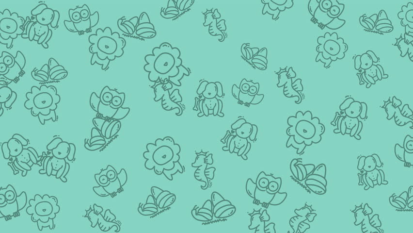 Seamless looping cute animal doodle pattern animation with simple line icons on pastel mint background. Perfect for kids motion graphics, playful video backgrounds and overlays.