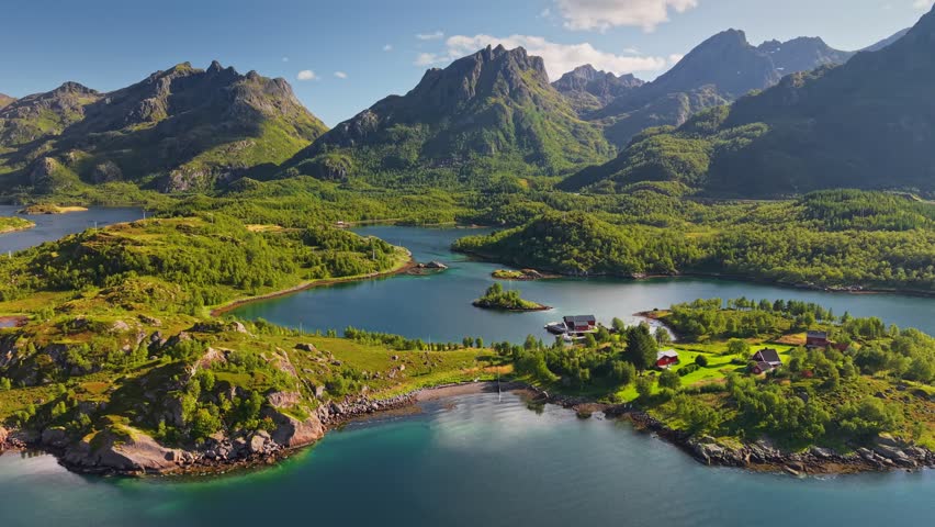 Northen green nature of Lofoten, Norway. Aerial view of breathtaking natural beauty of Lofoten Islands with stunning mountains, lush forests and lakes 
