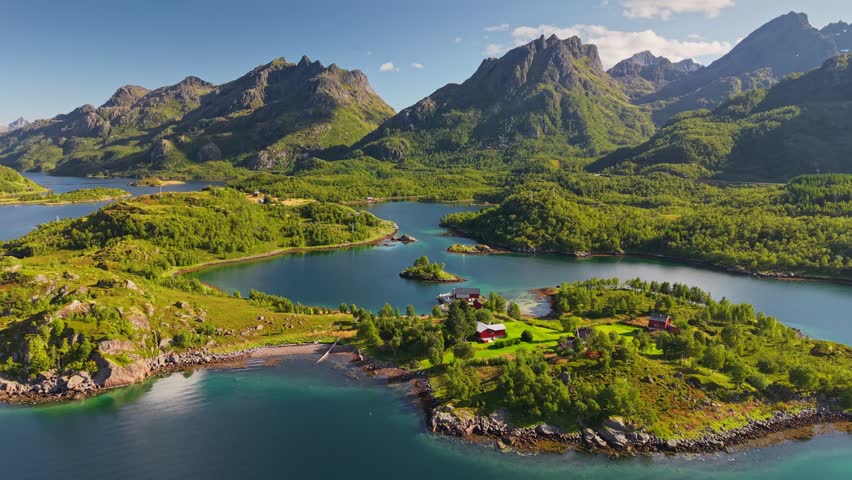Northen green nature of Lofoten, Norway. Aerial view of breathtaking natural beauty of Lofoten Islands with stunning mountains, lush forests and lakes 