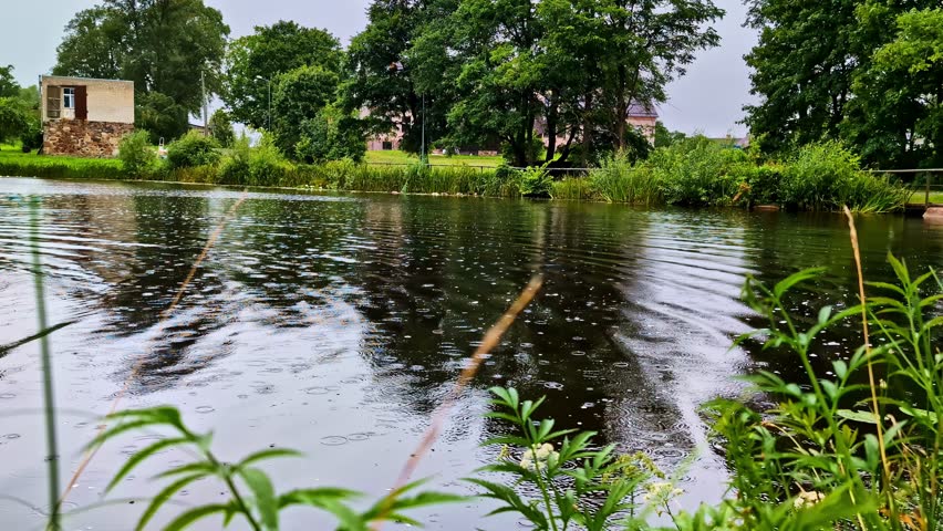 Rainy day with pond beside old ruin under overcast sky with reflections and lush greenery