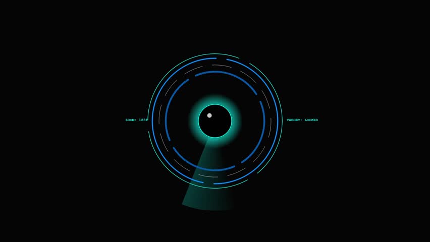 Mechanical cyber eye with rotating HUD rings scanning in a futuristic interface.
