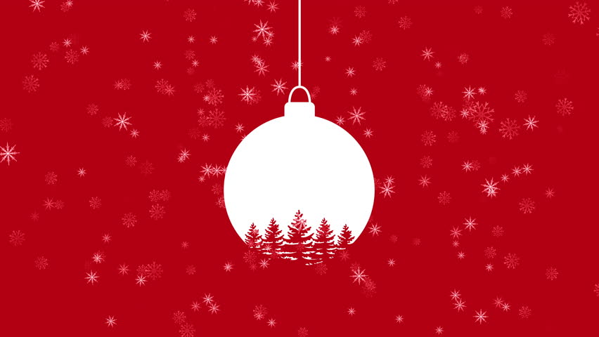 Christmas Background With Hanging Ornament And Falling Snow. Suitable For Social Media Stories And Holiday Greeting Cards. Minimalist Red And White Christmas Background