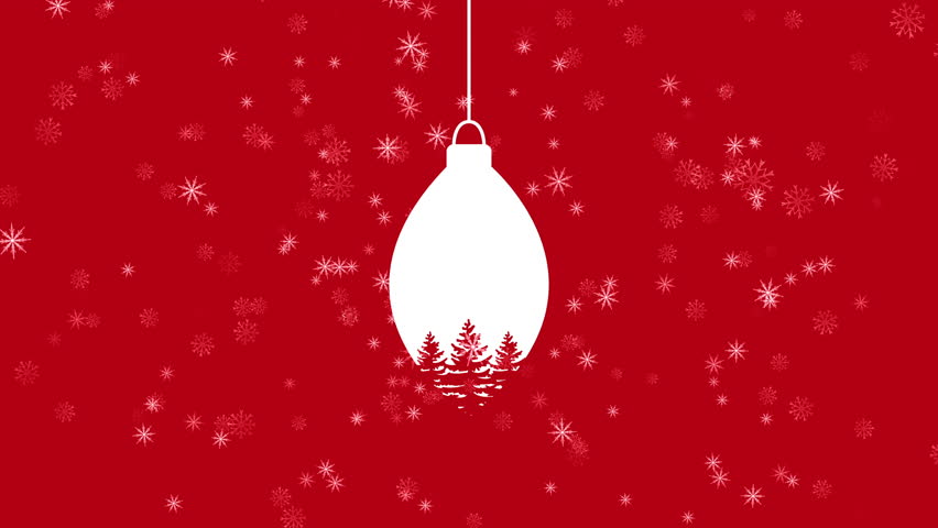 Christmas Background With Hanging Ornament And Falling Snow. Suitable For Social Media Stories And Holiday Greeting Cards. Minimalist Red And White Christmas Background