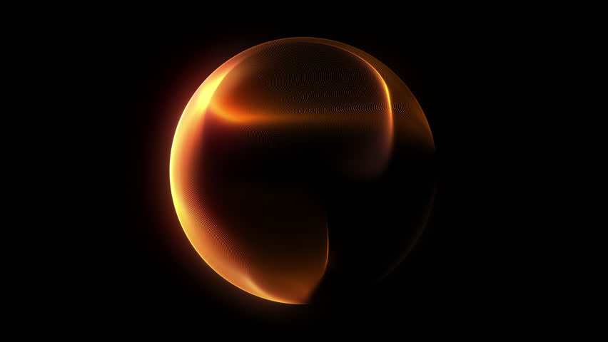 Golden orange glowing plasma sphere with smooth flowing gradients and shimmering particle texture on deep black background. Futuristic sci fi energy orb with warm luminous waves looped