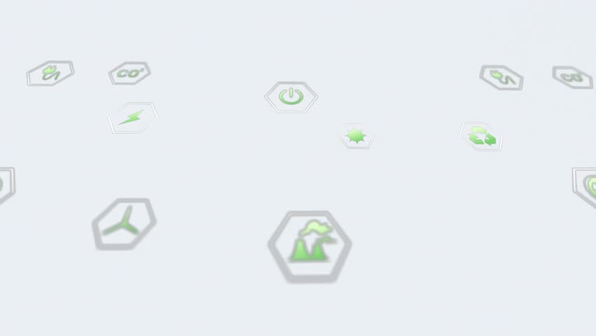 Hex icons blurring then fruits entering from edges, rotating past icons, visualizing sustainability. Abstract, parallax, floating, 3d, minimalist, eco, co2