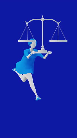 Dynamic 3D female character lifting justice scales on a bright monochrome vertical scene. Ideal for law firms, legal services, fairness, human rights, judiciary themes, compliance, ethics and modern m