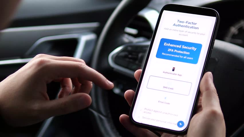 Step by step close up of a person enhancing their account security by setting up two factor authentication (2FA) via an app, culminating in a successful confirmation notification.