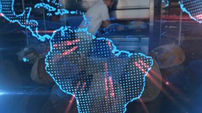 Baker moving loaves with peel as rotating digital globe overlay revealing bakery product showcase. Bread, oven, kitchen, artisan, stainless, industrial, advertising - Powered by Shutterstock - Get 15% off with code: PIKWIZARD15