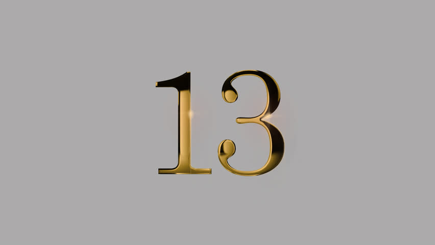 Gold number 13 with gold particle and transparent background, number thirteen