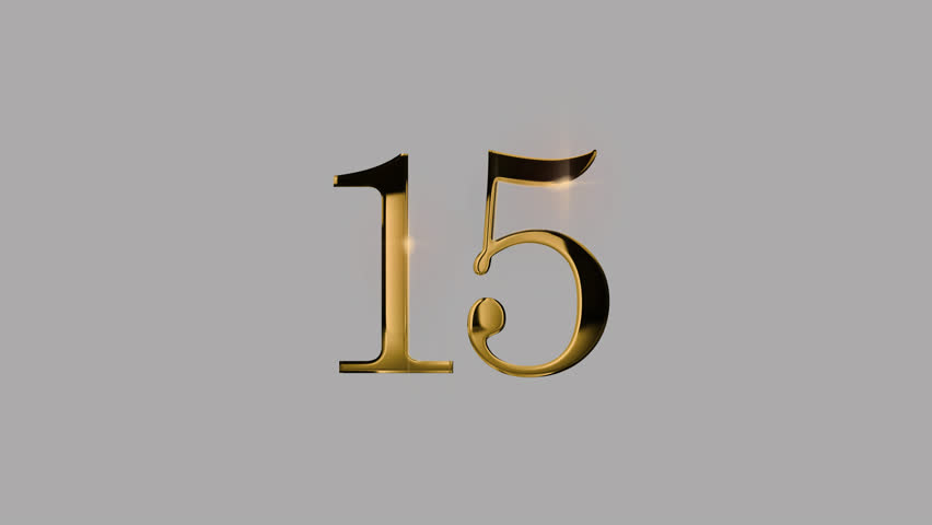 Golden number 15 with a gold particle and a transparent background, number fifteen