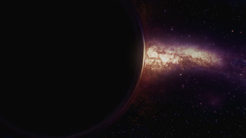 Intense cinematic space scene with camera rotating dramatically around a massive black hole that dominates the frame, its glowing accretion disk consuming stellar matter while filling frame