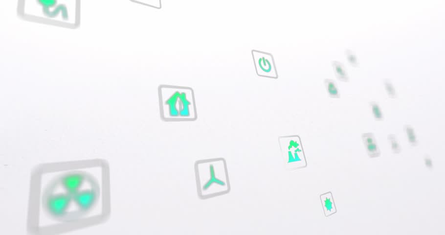 Plate sliding left causing camera pushing or panning bringing burger into focus amid moving teal icons. Sandwich, fries, advertising, branding, parallax, minimal, studio