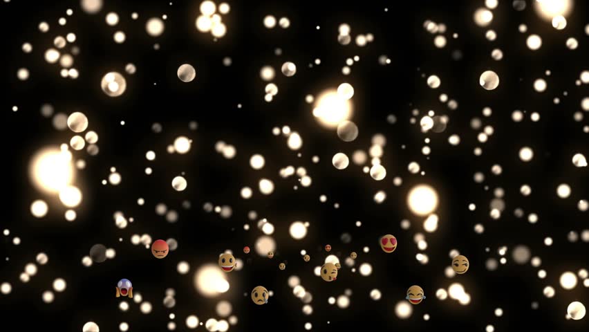 Initial pulse starting bokeh lights pulsing flaring while emoji band drifting rotating adding depth. Particles, luminescent, parallax, faces, dimensional, animation, vibrant