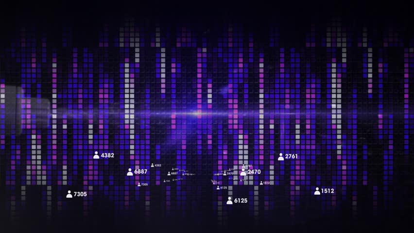 Central purple grid pulsing, flare sweeping sparking user icons shifting, scaling to show counts. Tiles, columns, neon, glow, avatars, data, visualization