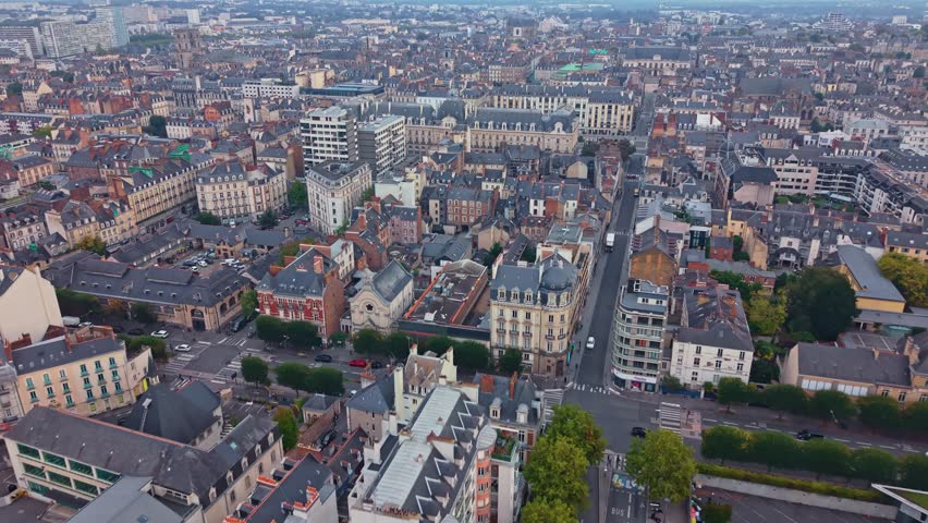 Rennes center cityscape captured from above with Palais du Commerce neoclassical building and Place de la République, Ille-et-Vilaine, France