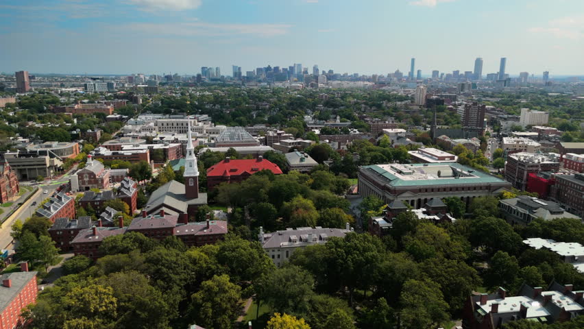 Memorial Church And Harvard Library In Cambridge, Massachusetts, United States. Aerial Drone Shot
