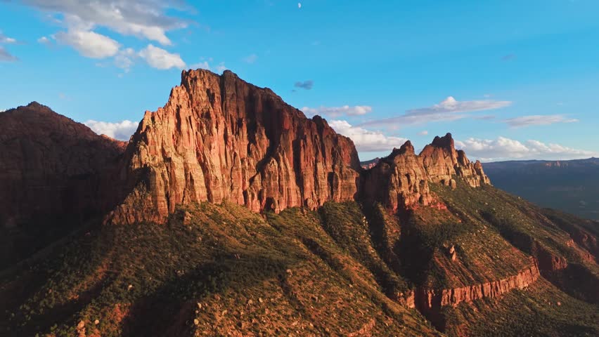 Drone shot of rock formations in Zion National Park during sunset