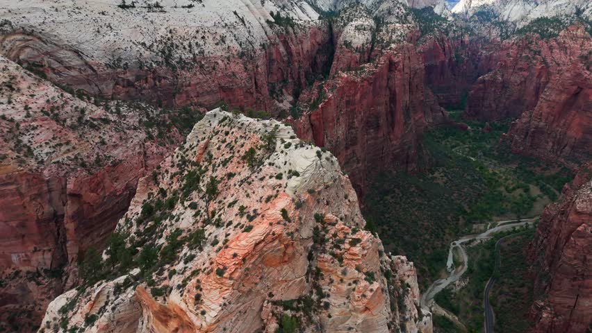 Drone shot of Angels Landing peak in Zion National Park