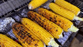Detailed 4K close up of golden corn roasting on a charcoal grill showing rich texture warm tones and a rustic outdoor cooking environment. - Powered by Shutterstock - Get 15% off with code: PIKWIZARD15